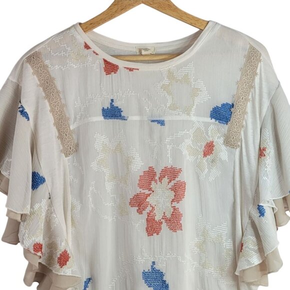 Anthropologie Tiny Boho Embroidered Top Cream Medium Cross Stitch Floral Flutter - Picture 2 of 8